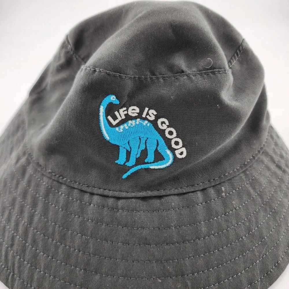 Life Is Good Infant‎ Bucket Hat Light With Chin Strap Gray Embroidered Dinosaur